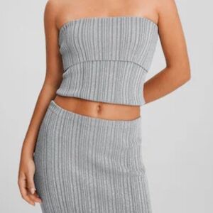 Bershka Knitted 2 Piece Set Crop Top and Maxi Skirt in Silver| S